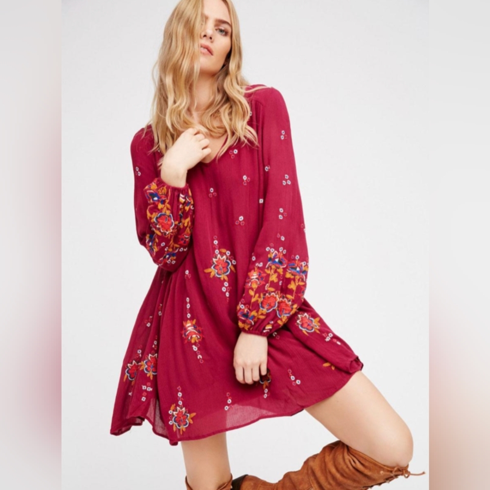 Free People Red Floral Long Sleeve Dress